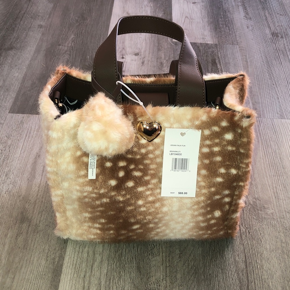 Luv Betsey by Betsey Johnson LBSIAN Faux Fur Brown Multi Satchel + Strap NWT